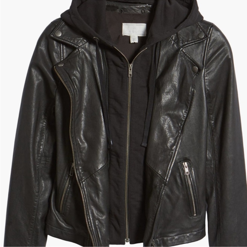 Caslon Black Leather Moto Jacket Women Large Removable Hood - Picture 15 of 16